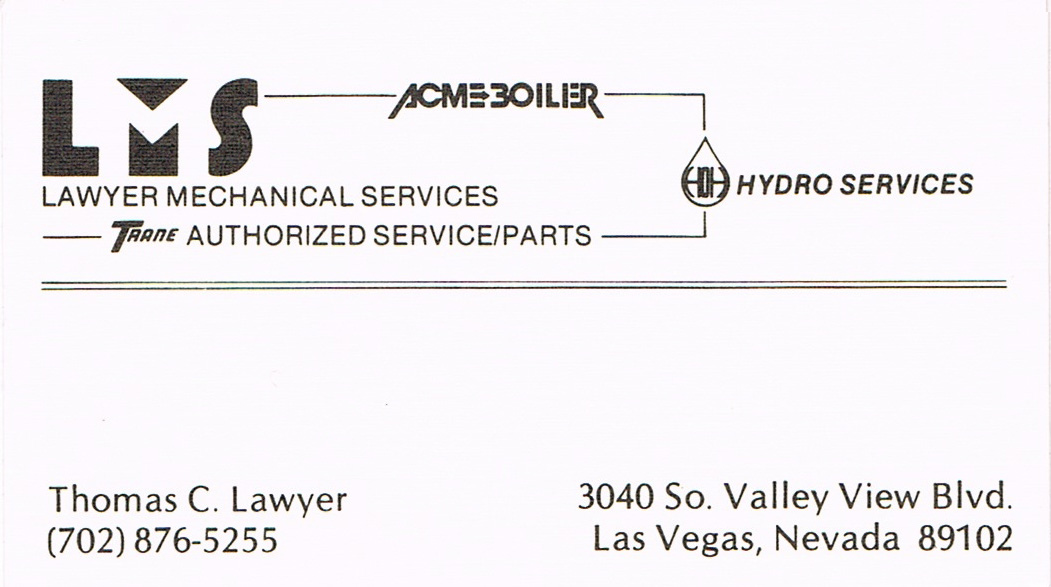 Tom Lawyer’s business card features the addition of their water treatment division, Hydro Services
